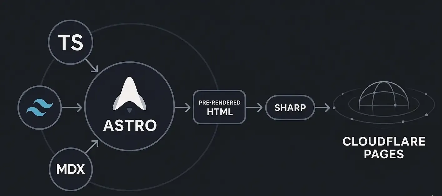 Astro architecture diagram showing TypeScript, MDX, Zod, and UI frameworks feeding into Astro, which outputs HTML processed by Sharp and deployed to Cloudflare Pages