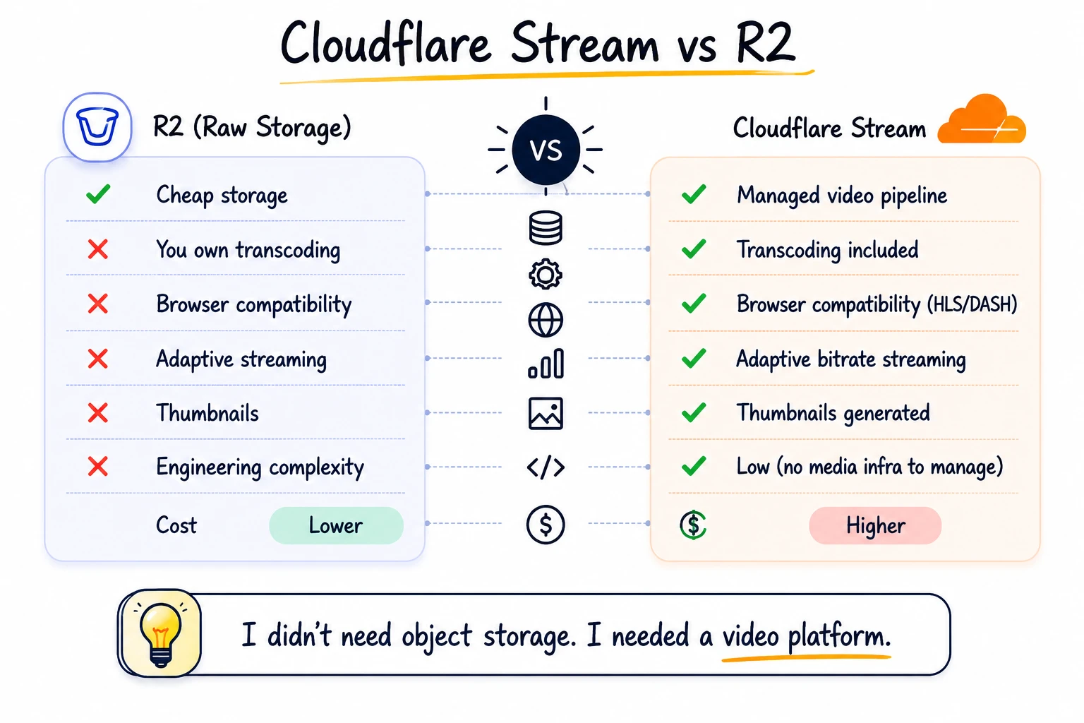 Cloudflare Stream vs R2 — Stream wins on managed transcoding, browser compatibility, adaptive streaming, and thumbnails at a higher cost; R2 wins on price but leaves everything else to you