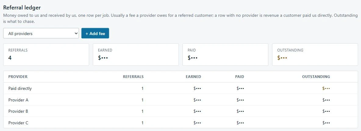 Referral ledger showing earned, paid, and outstanding fee totals with a per-provider balance table