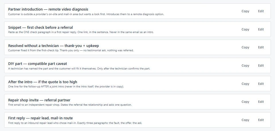 Referral CRM template library listing email templates for introductions, first replies, and provider invites, each with a usage rule