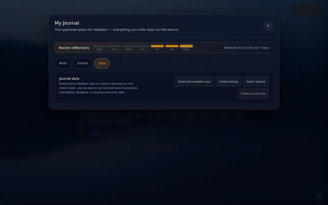Tadabbur journal data tab with options to download a readable copy, create a backup, or import a backup